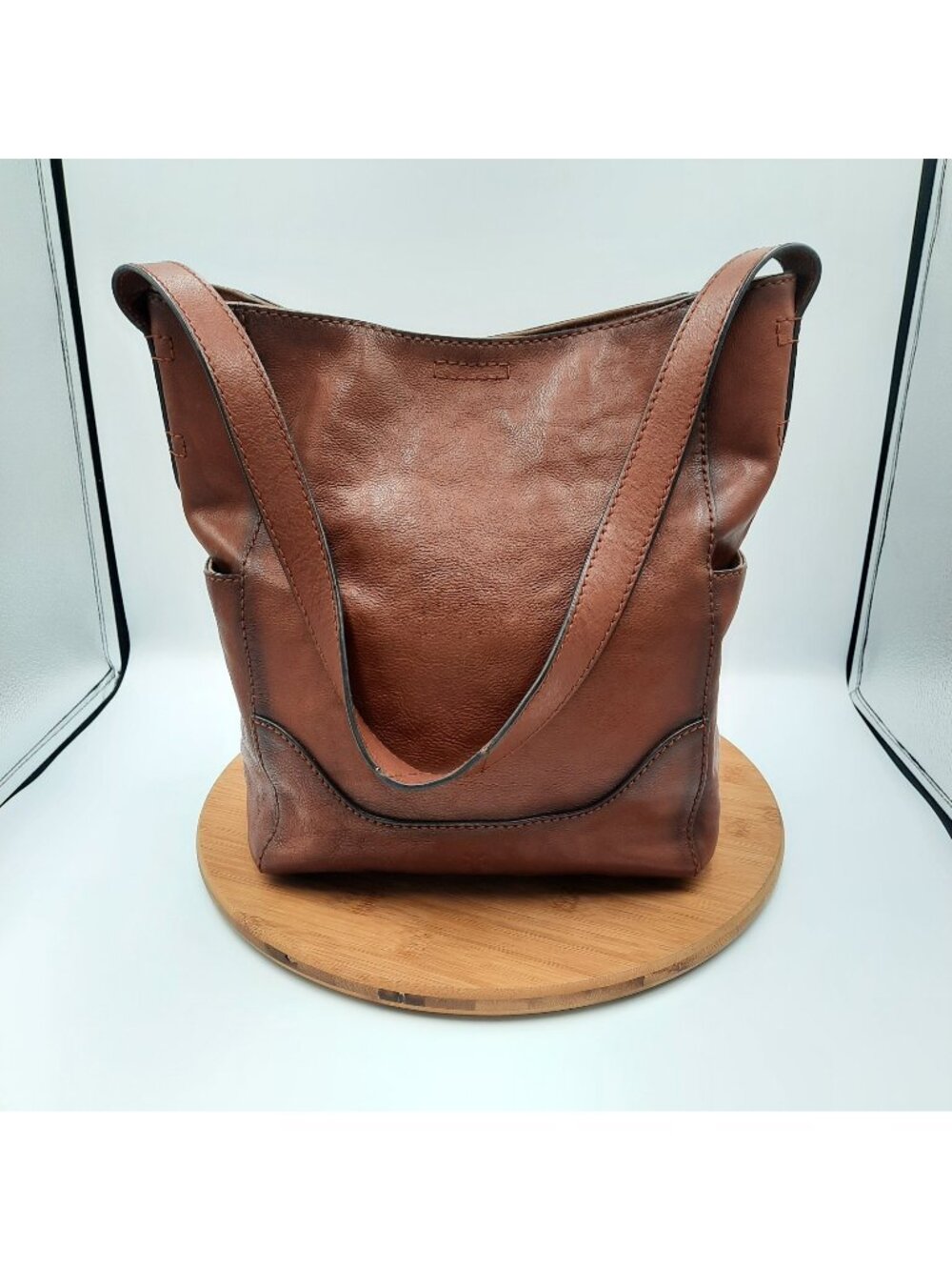 Frye Lena Hobo Bag Cognac Brown Leather Side Slip Pocket Shoulder Strap Tote